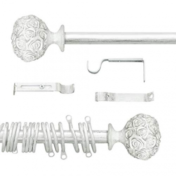 AT17 Gardinenstange Vorhangstange Gardinenstange Variable Länge Landhaus Shabby Chic - Rosen Prägemuster - 160-300 - Durchmesser 2 cm - Weiß/Silber - Metall - 1