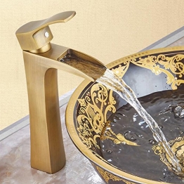 JRUIA Antik Messing Hohe Wasserfall Waschtischarmatur Retro Bad Wasserhahn Einhebelmischer Aufsatz-Waschbecken Armatur f.Badezimmer Hoher Auslauf aus Messing Gebürsteter (H29.8cm) - 1