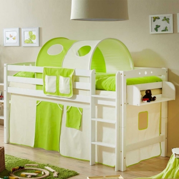 Kinderzimmer Halbhochbett in Weiß Buche massiv Tunnel in Hellgrün Beige