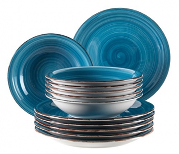 Mäser, Serie Bel Tempo, Teller-Set aus Steingut, 12-teilig für 6 Personen, Tafelservice Vintage, handbemalt, dunkelblau - 1