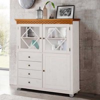 Schrank Vitrine in Weiß und Honigfarben Kiefer Massivholz